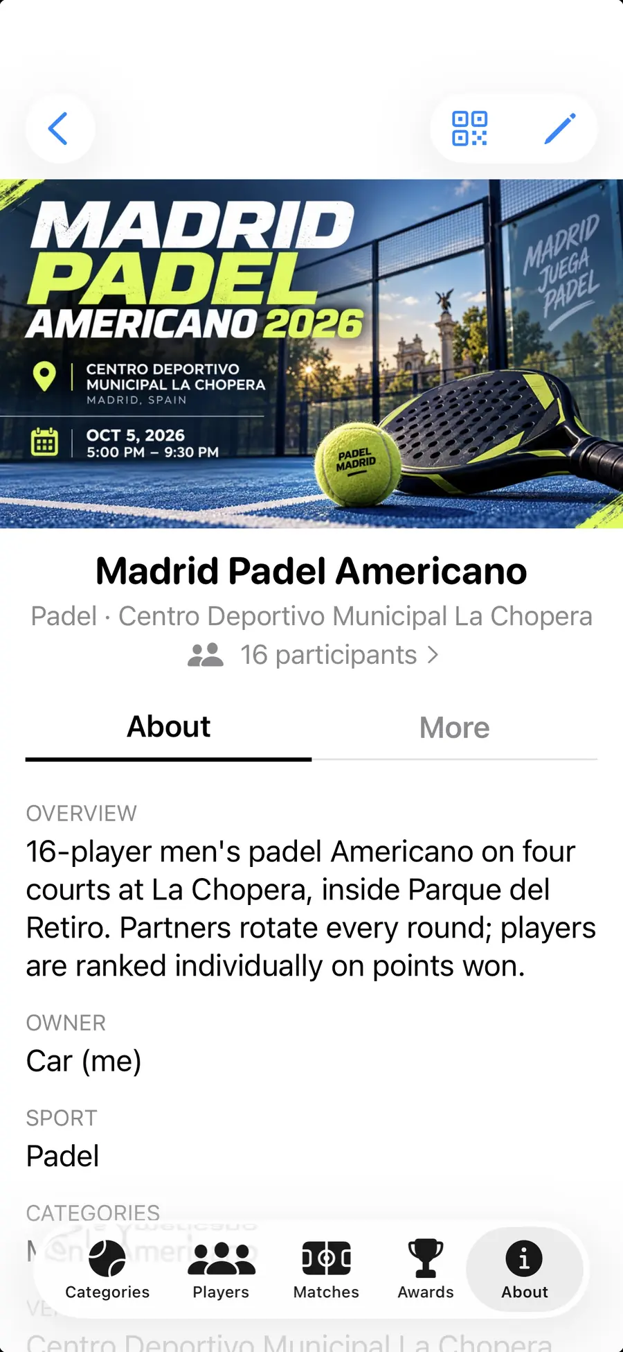 An event's page in the Organizer app — cover image, sport, venue, participant count and the overview an entrant reads before signing up.