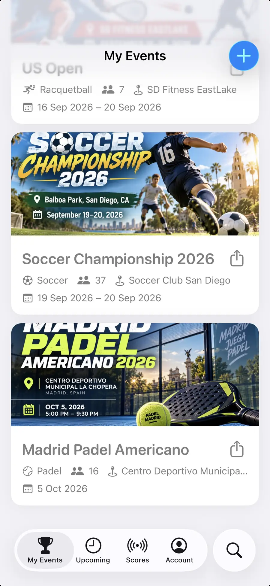 The Organizer app's event list scrolled on — a soccer championship and a padel Americano, each with its sport, entry count, venue and dates.