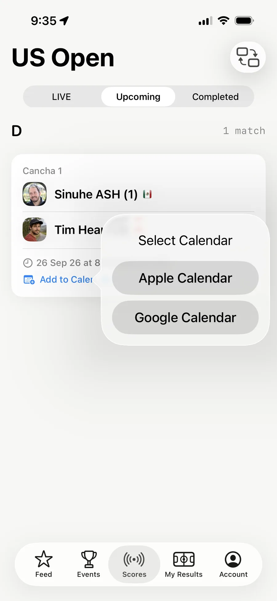The Add to Calendar sheet in the AirScoreboard app, offering Apple Calendar or Google Calendar for an upcoming match.