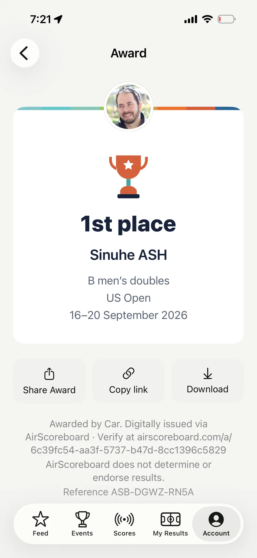 One award opened: the trophy, the category, the event dates, and buttons to share, copy the link or download the certificate.