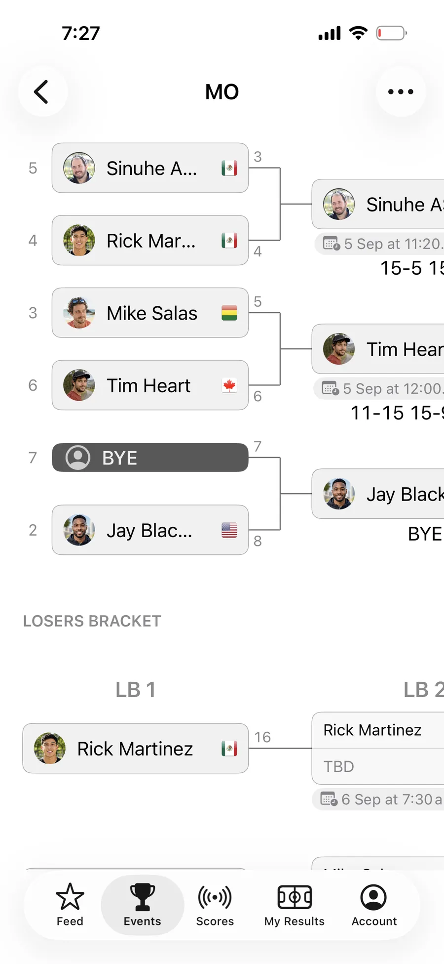 A double-elimination draw in the AirScoreboard app, the winners bracket above and the losers bracket below it.