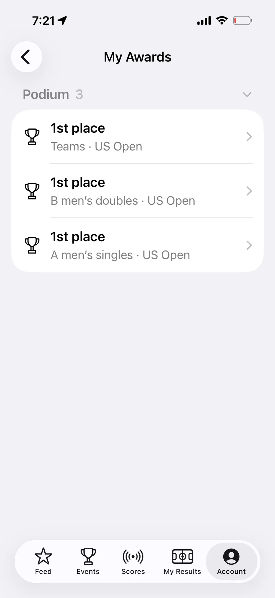 The My Awards screen in the AirScoreboard app, listing three first-place podium finishes by category.