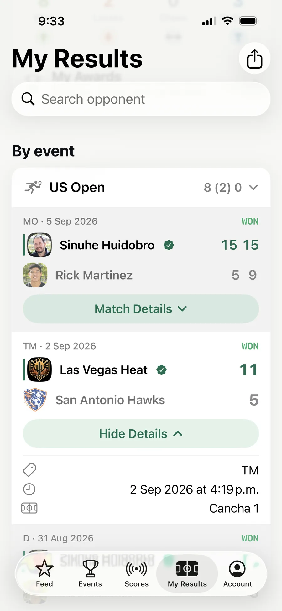 A result opened in the AirScoreboard app, showing the category, the day and time it was played and the court.