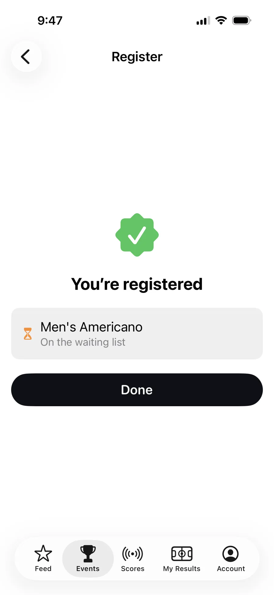The confirmation after registering in the AirScoreboard app: you're in, with the men's Americano showing as on the waiting list.